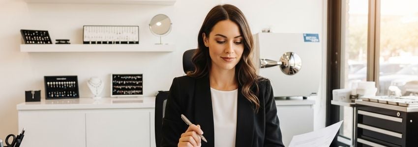 Piercing studio owner reviewing business financing options at a professional workspace