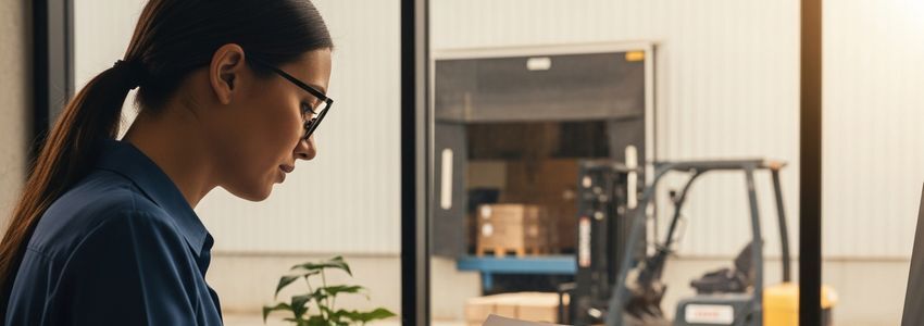 Business professional reviewing piggyback forklift financing options with a forklift visible in the background at a warehouse loading dock