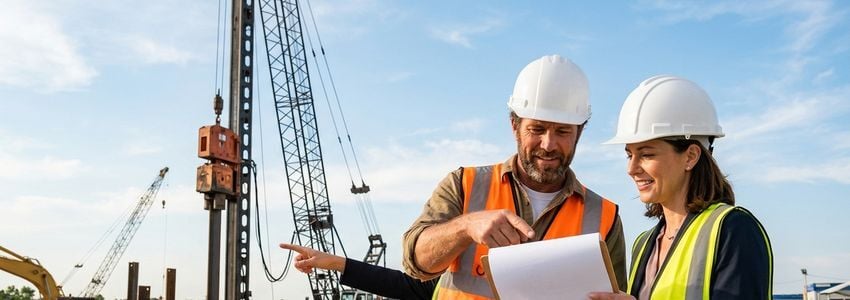 Construction contractor and financing advisor reviewing equipment paperwork beside a pile driving rig on a job site