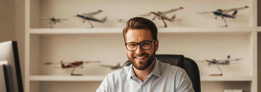 Flight school business owner reviewing financing options at aviation office desk