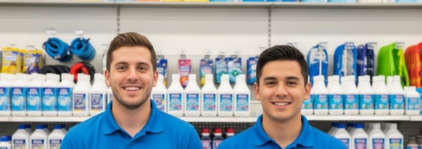 Pinch A Penny franchise store employees at a pool supply retail counter