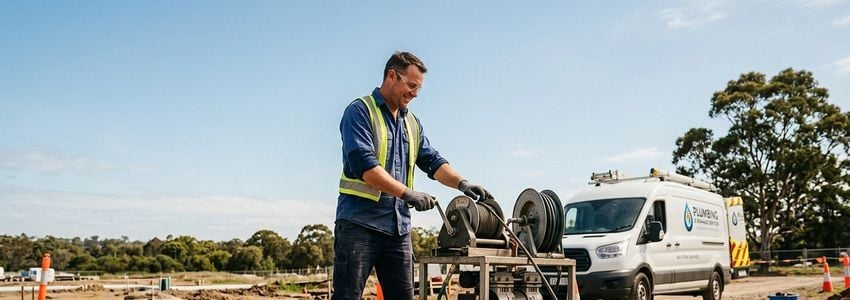 Plumbing contractor operating pipe relining equipment with inversion drum and air compressor at a job site