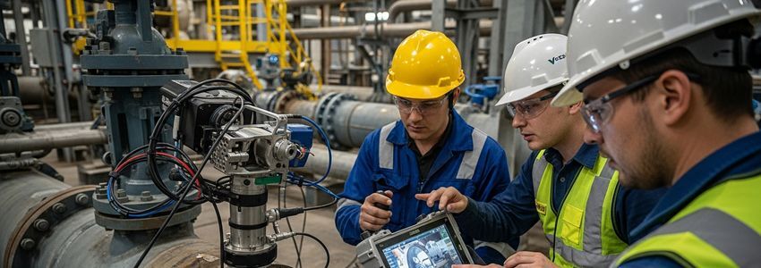 Pipeline inspection crew using advanced camera equipment to inspect industrial pipes at a facility