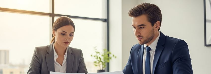 Business professionals reviewing loan documentation and financial documents in a modern office