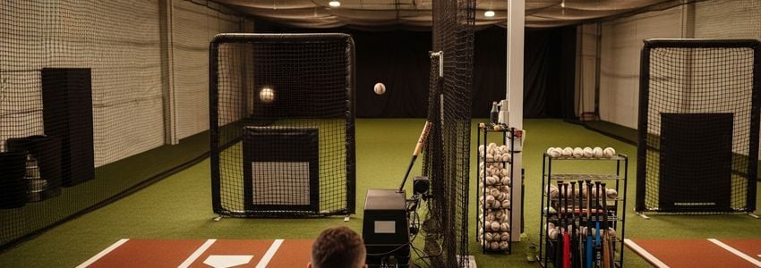 Commercial indoor batting cage facility with professional pitching machines and batting lanes, ideal for equipment financing