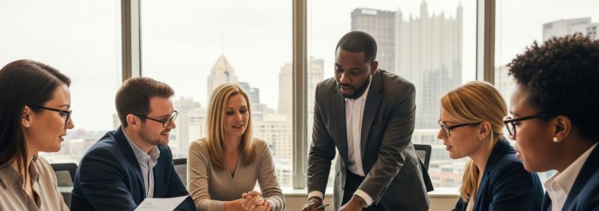 Small business owners reviewing SBA loan documents in a Pittsburgh office meeting room