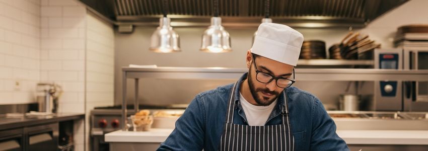 Pizza franchise owner reviewing business loan documents at a modern pizzeria