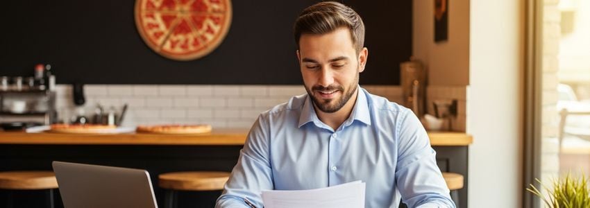 Pizza restaurant owner reviewing business loan financing options at their pizzeria