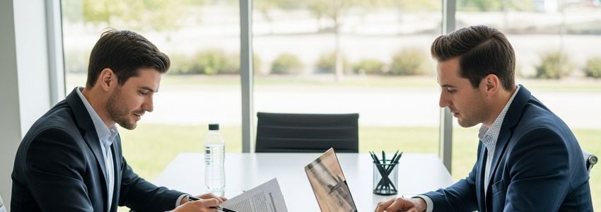 Business partners reviewing franchise loan documents at a conference table in a modern office