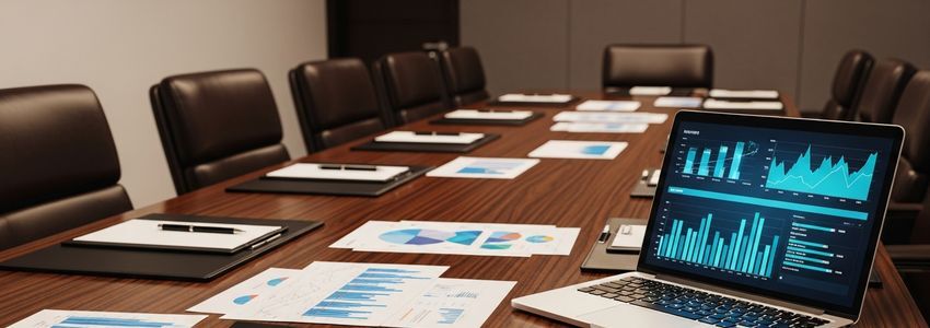 Business financial documents and charts spread across a boardroom table during a loan application review