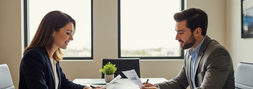 Small business owner reviewing loan documents in a Plano Texas office