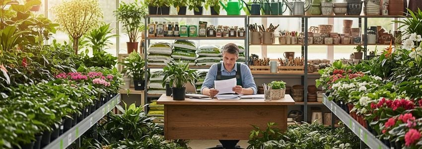 Plant nursery business owner reviewing loan application documents in a garden center retail store