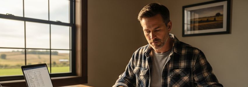 Farm owner reviewing planter equipment financing options at a farm office desk