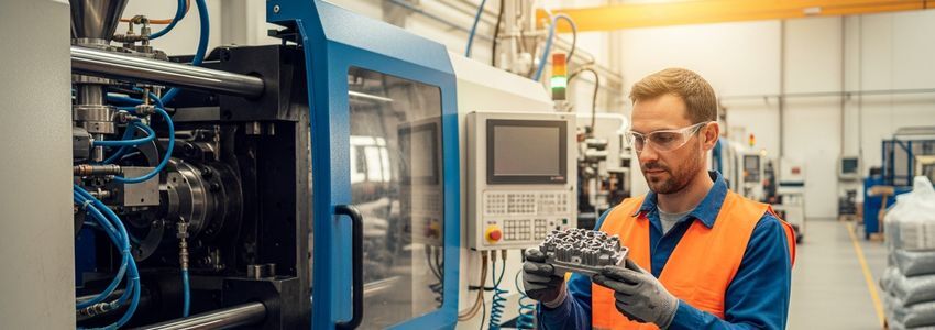 Plastics manufacturing technician inspecting injection molded parts on the production floor