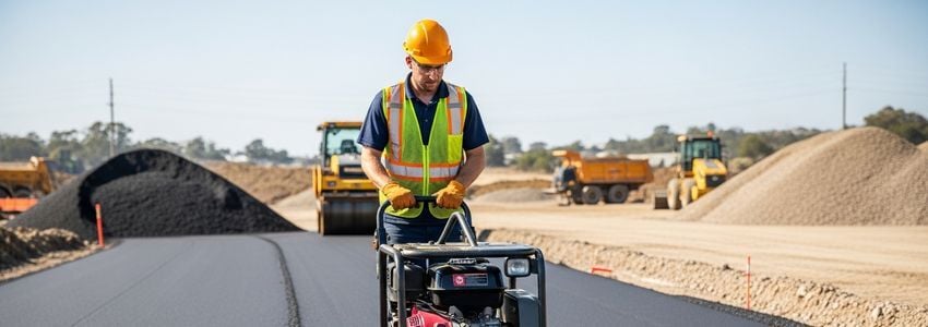Construction contractor operating a plate compactor on a commercial paving job site