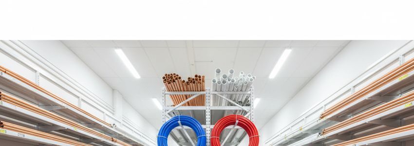 Plumbing supply warehouse with organized copper pipes, PVC pipes, and PEX tubing - inventory financed through plumbing business loans