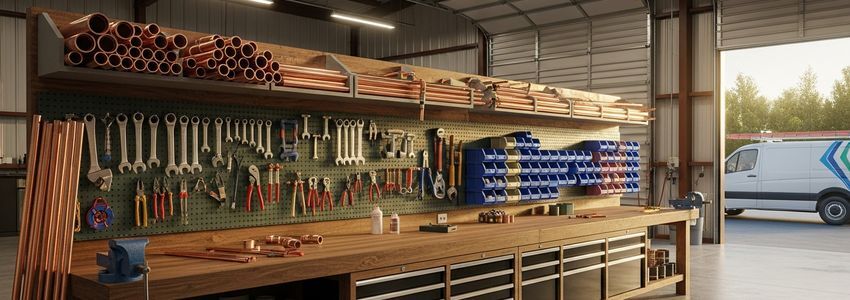 Professional plumbing workshop with copper pipes, tools, and service van - plumbing company business financing