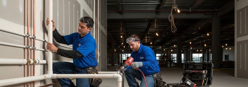 Plumbing contractor reviewing business loan options with financial advisor