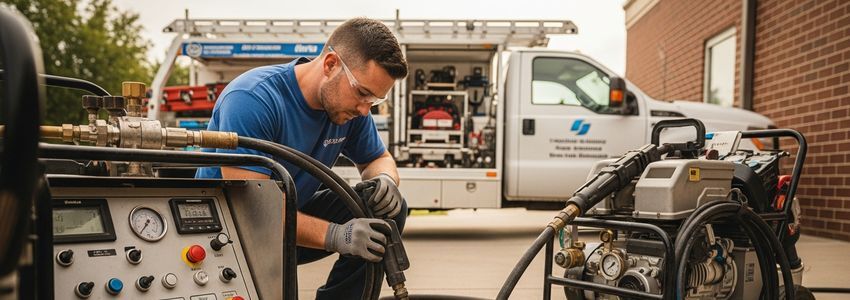 Professional plumber operating hydro jetting equipment for drain clearing - plumbing equipment loans from Crestmont Capital