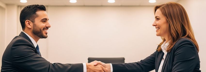 Plumbing franchise business owner reviewing financing documents with a lending specialist