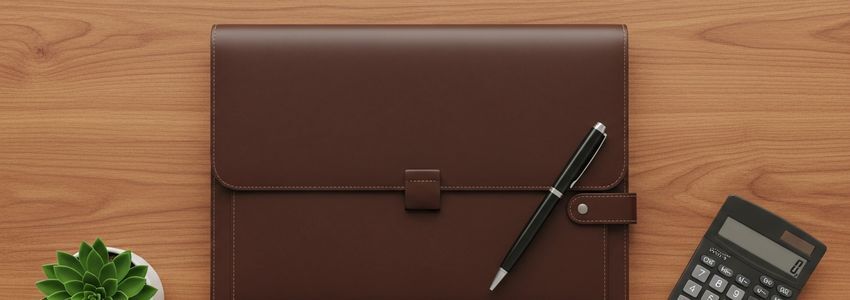 Professional business desk with financing evaluation tools and documents