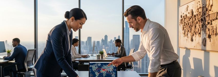 Two business professionals reviewing international trade and purchase order financing documents