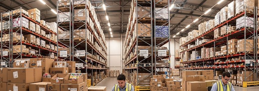 Supply chain manager reviewing purchase order financing documents in warehouse