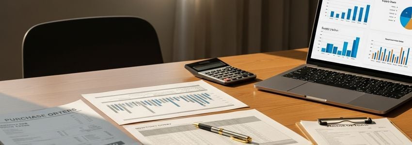 Supply chain finance documents showing purchase orders and inventory reports on a business desk