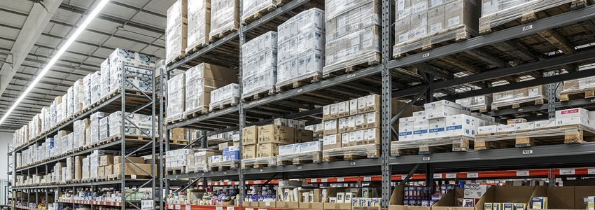 Organized wholesale distribution warehouse with product inventory on industrial shelving