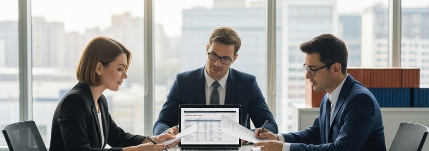 Business professionals reviewing international trade documents and shipping paperwork at a conference table