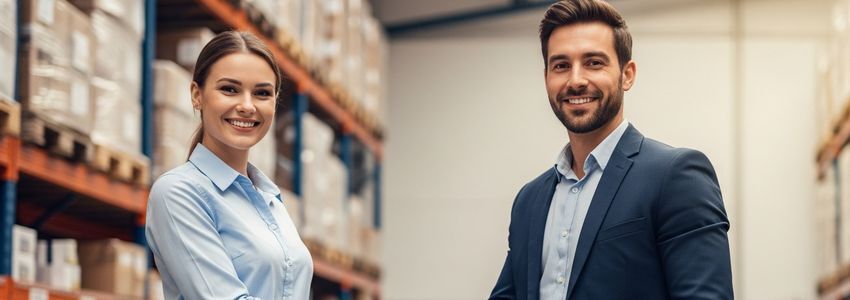 Business professionals shaking hands in a supply chain and warehouse setting, representing purchase order financing deals