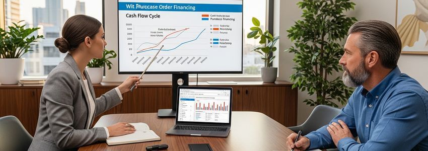 Financial advisor explaining purchase order financing rates and fee structure to business client