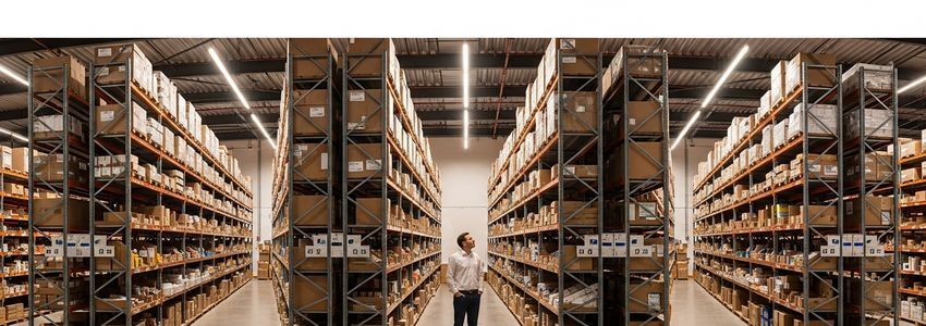 Business owner reviewing purchase orders in a warehouse fulfillment center