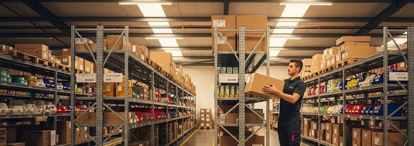 Retail warehouse worker managing inventory and purchase orders for a growing retail business