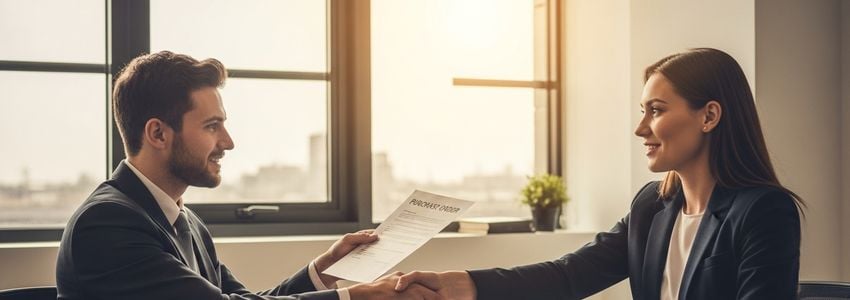 Startup founder presenting purchase order documents to financing partner in professional meeting