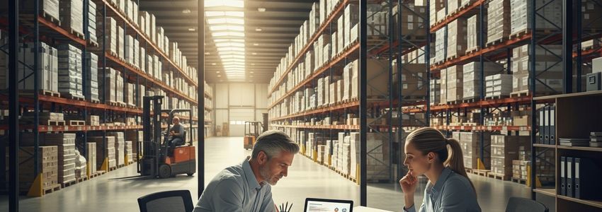 Wholesale distributor reviewing large purchase orders in warehouse office setting