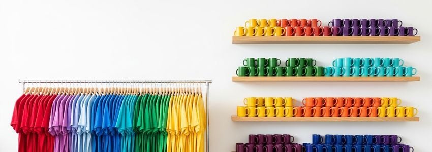 Colorful print on demand merchandise including blank t-shirts and mugs displayed in a modern retail studio