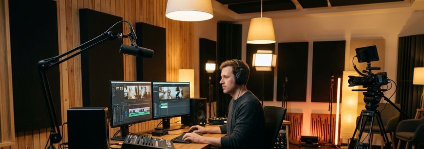 Podcast creator editing video content at a workstation in a professional studio with camera and microphone equipment