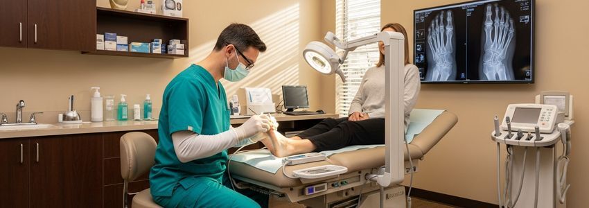 Podiatry office with modern medical equipment and treatment chair for patient care