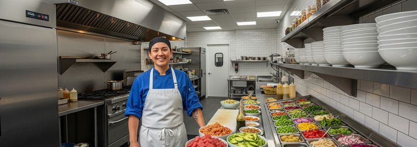 Franchise owner in poke bowl restaurant kitchen reviewing equipment and financing options