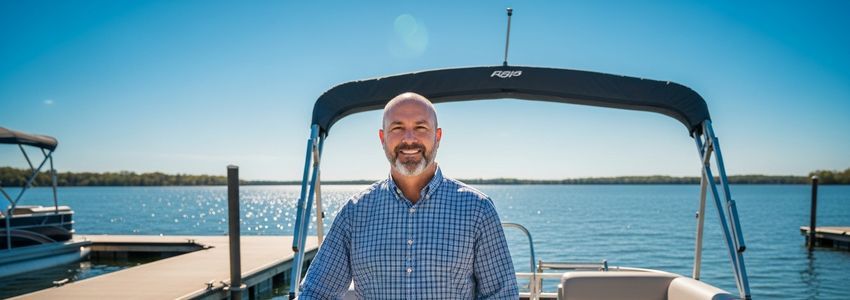 Business owner on a commercial pontoon boat reviewing operations on the water
