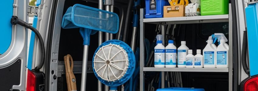 Pool cleaning equipment and supplies in service van