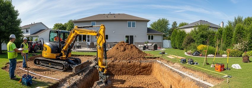 Pool construction site with excavator digging residential swimming pool