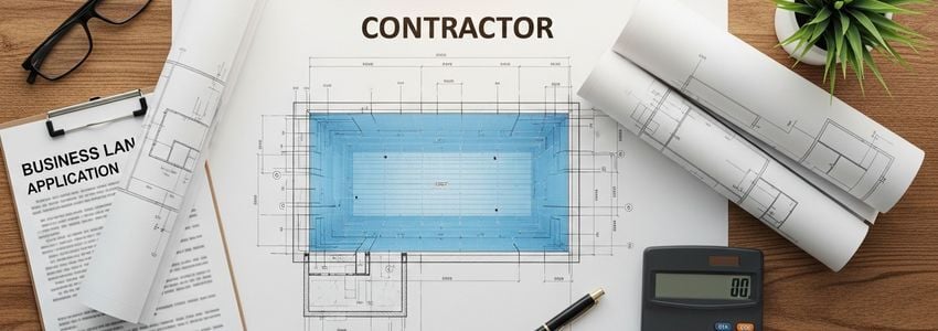 Pool contractor reviewing business loan documents and swimming pool blueprints at a desk