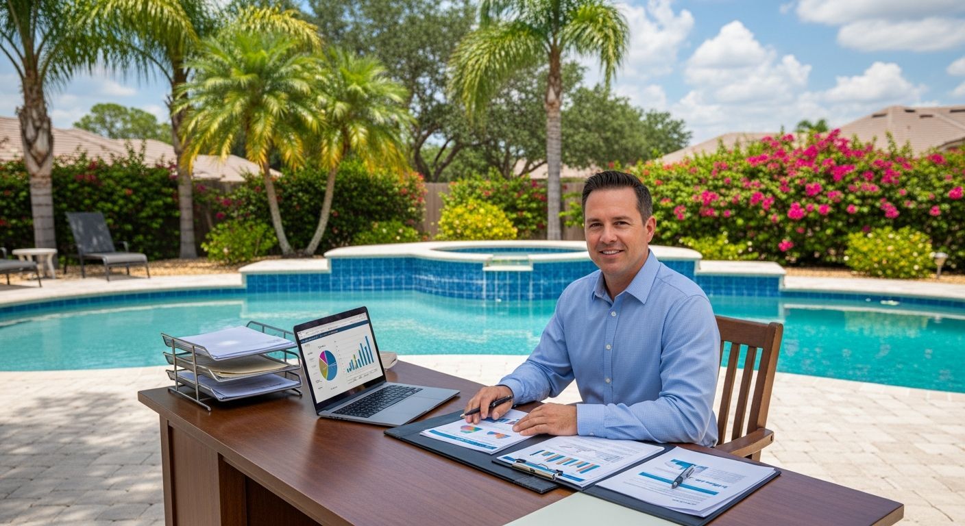 Pool service business owner reviewing financing documents at outdoor desk with swimming pool in background