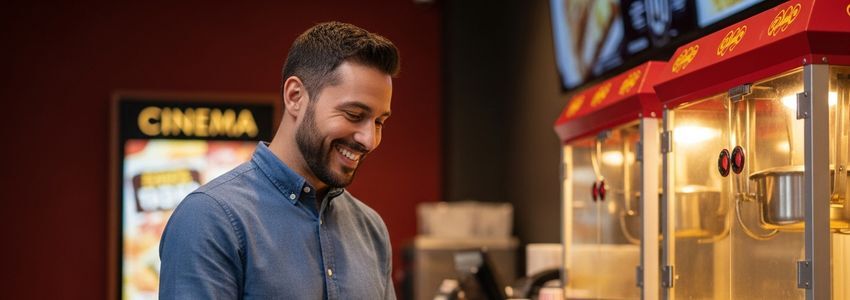 Business owner reviewing commercial popcorn machine financing options at a concession stand