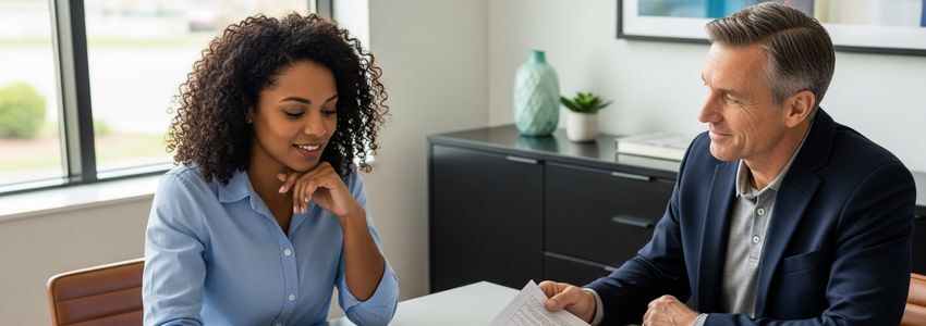 Popeyes franchise owner reviewing franchise loan documents with a business advisor in a modern office