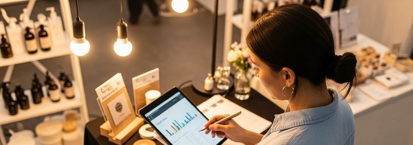 Small business owner reviewing financing options at a pop-up booth