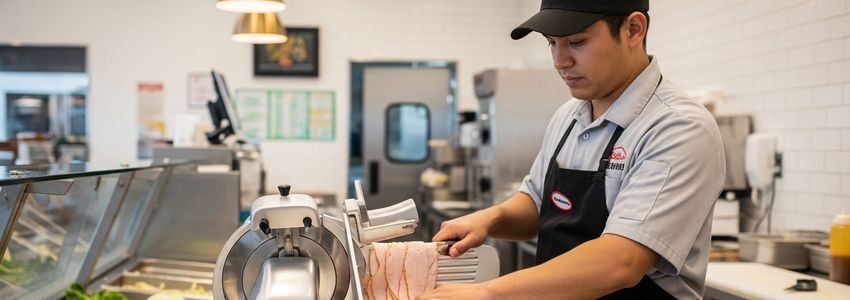 Port of Subs employee slicing fresh deli meat at a commercial slicer