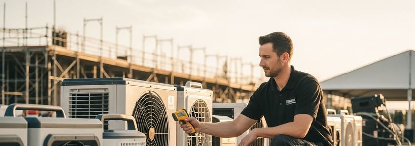 Professional inspecting portable AC units and dehumidifiers at a rental job site